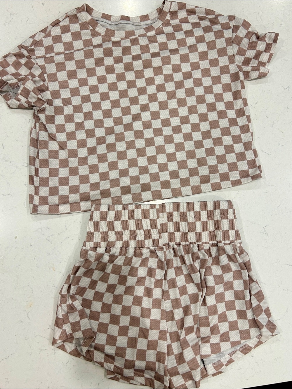 Checkerboard Crop Top and Shorts Set - Cream & Brown